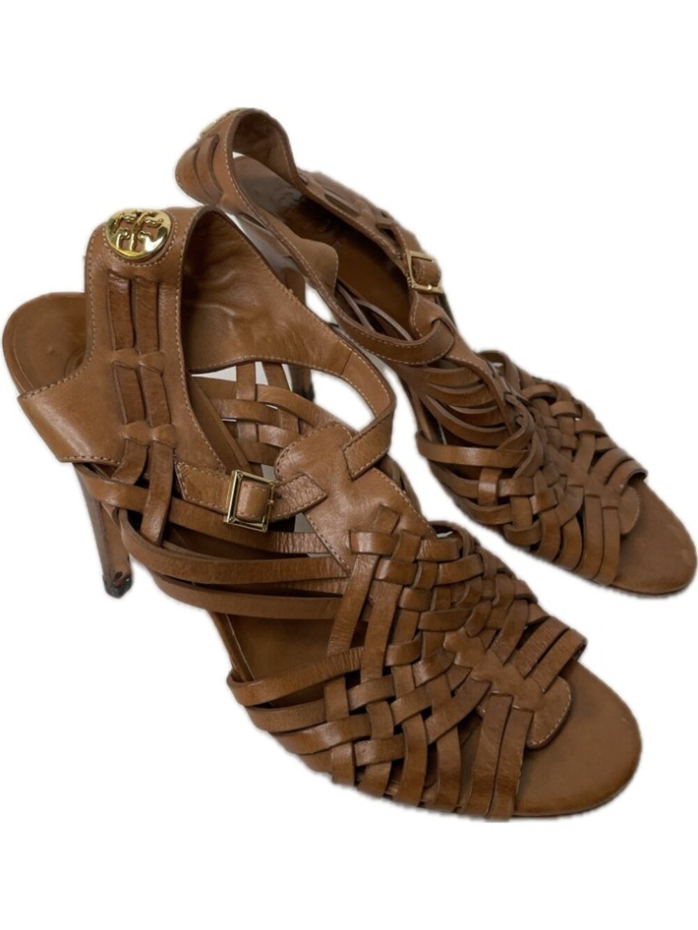 Tory Burch Nadia Brown Woven Leather Huarache Sandals Heels Size 9M Logo - Picture 2 of 10